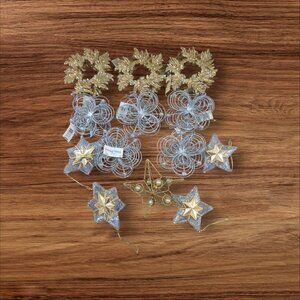 Golden & Silver Christmas Ornament Lot - Stars Wreaths Flowers - Glitter Eleganc